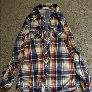 Urban Girl Nites Plaid Button Down Shirt - Blue, Orange, White